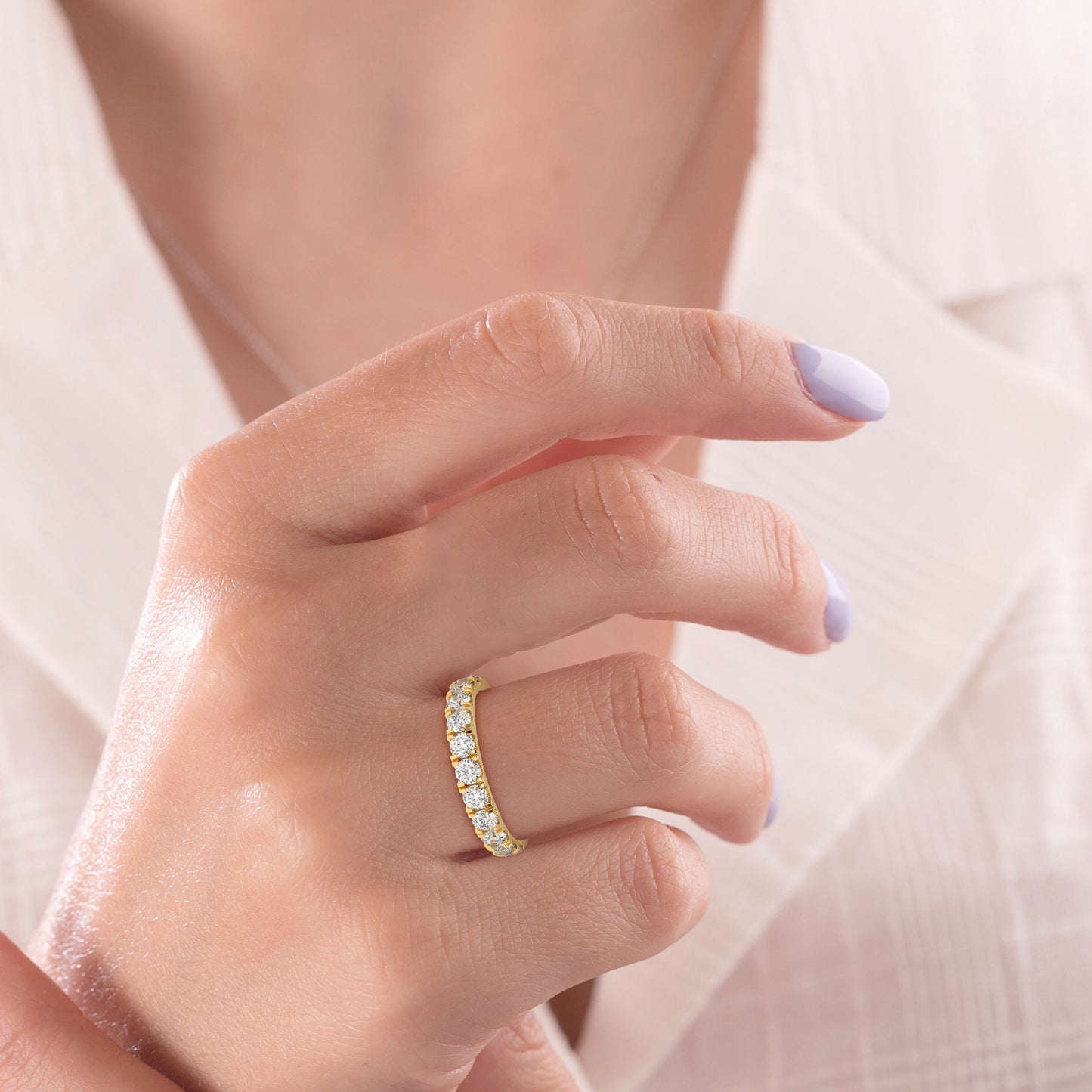 3MM Half Pave Lab Diamond Wedding Band – 14K Gold (.90CTW)