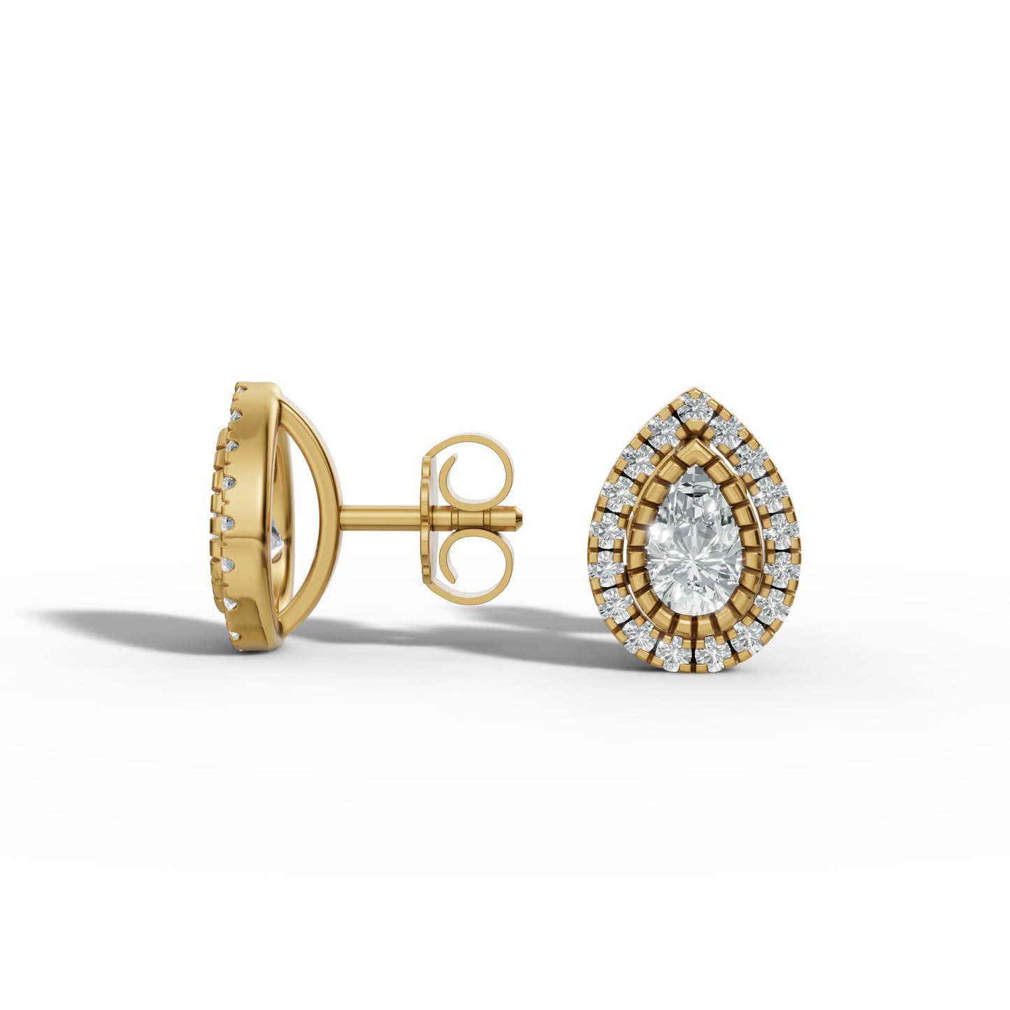Pear Halo Lab-Grown Diamond Pave Stud Earrings – E–F VS1/VS2, 14K / 18K Gold Options