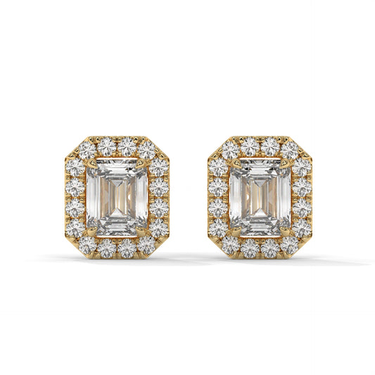 Emerald Halo Lab-Grown Diamond Pave Stud Earrings – E–F VS1/VS2, 14K / 18K Gold Options