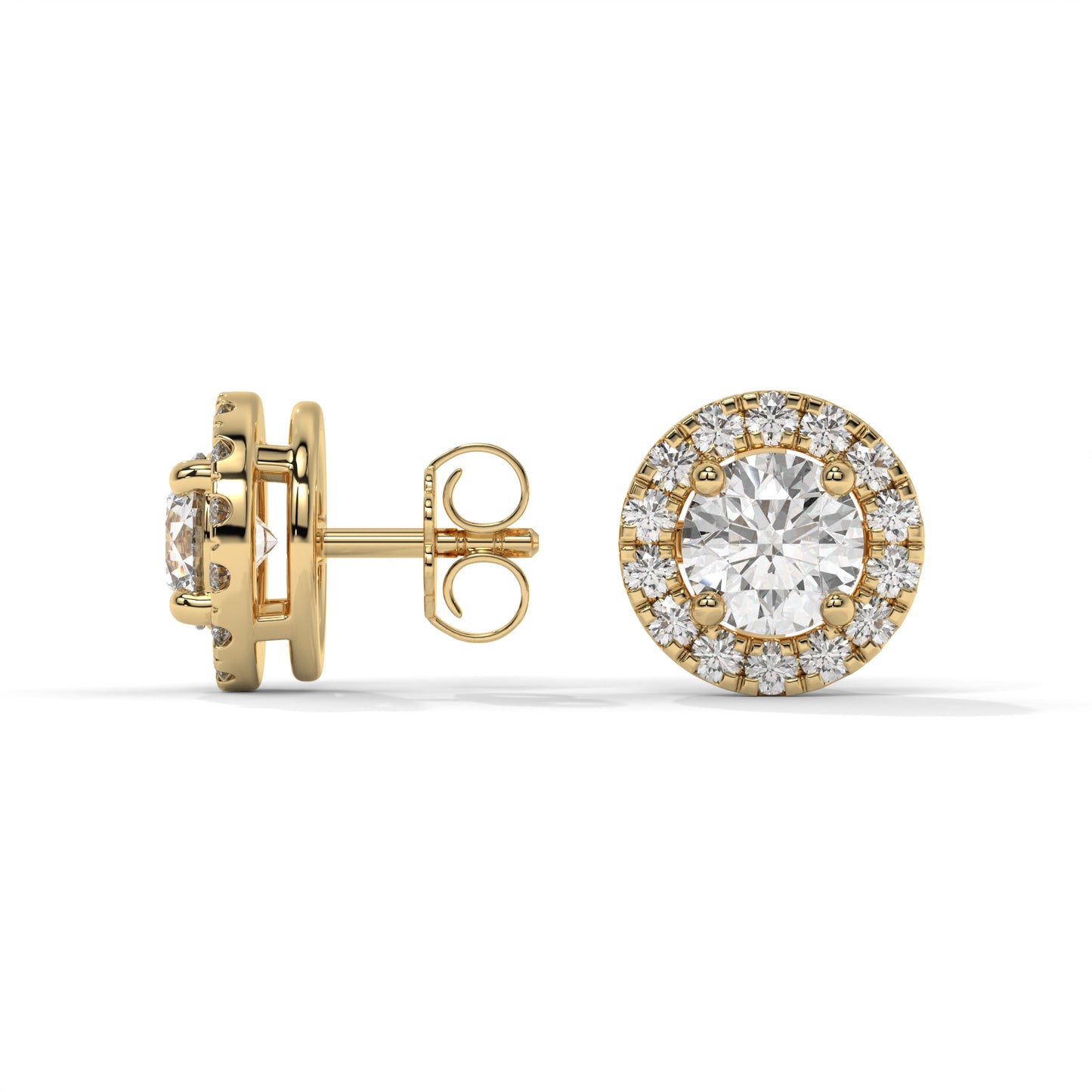 Round Halo Lab-Grown Diamond Pave Stud Earrings – E–F VS1/VS2, 14K / 18K Gold Options
