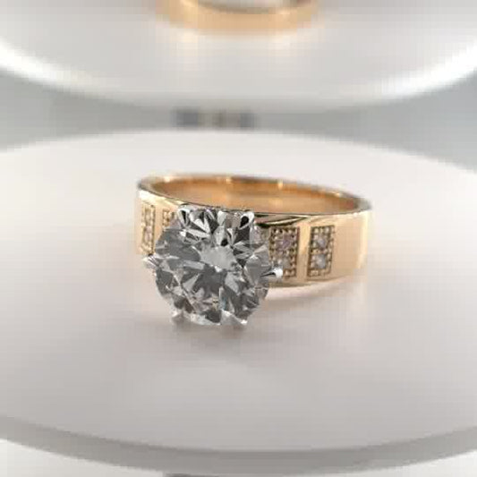 The Charis  - 3CT Round Center Stone - 14k Gold - 4mm Ascending Band - Pave Accent Stones