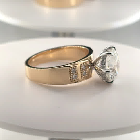 The Charis  - 3CT Round Center Stone - 14k Gold - 4mm Ascending Band - Pave Accent Stones