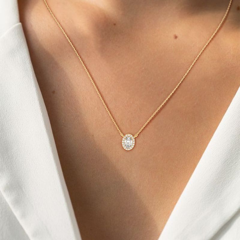 0.6 CTW Oval Halo Lab-Grown Diamond Necklace in 14K / 18K Gold Options