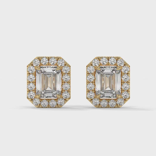 Emerald Halo Lab-Grown Diamond Pave Stud Earrings – E–F VS1/VS2, 14K / 18K Gold Options