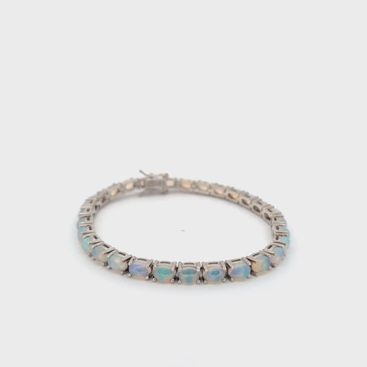 8-Inch Opal Tennis Bracelet – 4 mm Stones – Sterling Silver with Rhodium Plating – 14.6g Total Weight